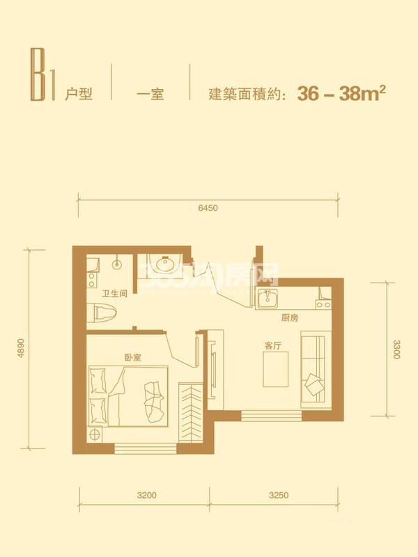 B1户型 1室1厅1卫  36-38平米